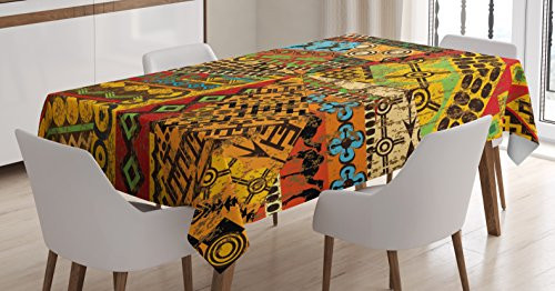Ambesonne African Tablecloth, Grunge Collage with Motifs Traditional Art Ornate Geometric, Rectangular Table Cover for Dining Room Kitchen Decor, 60" X 90", Yellow Orange