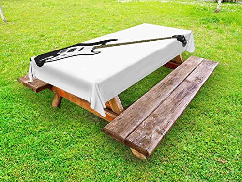 Ambesonne Guitar Outdoor Tablecloth, Bass 4 String Rhythm Music Rock and Roll Element Detailed Illustration, Decorative Washable Picnic Table Cloth, 58" X 104", Caramel White