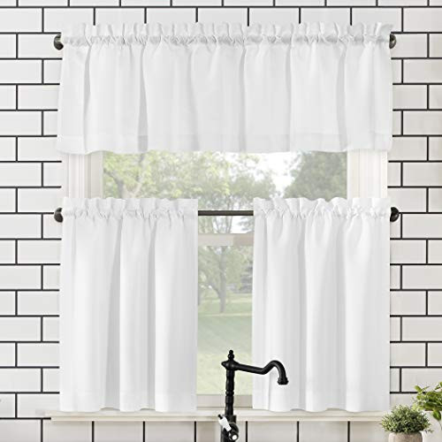No. 918 Martine Microfiber Semi-Sheer Rod Pocket Kitchen Curtain Valance and Tiers Set, 54" x 24" 3-Piece, White