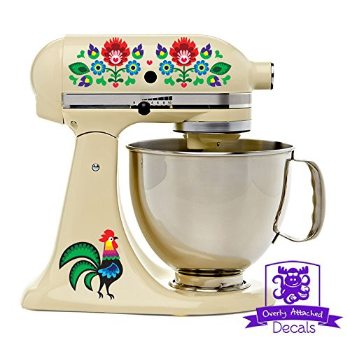 Dutch Folk Art Rooster and Flowers Kitchen Stand Mixer Appliance Decal Front/Back Vinyl Decal Set - Full Color