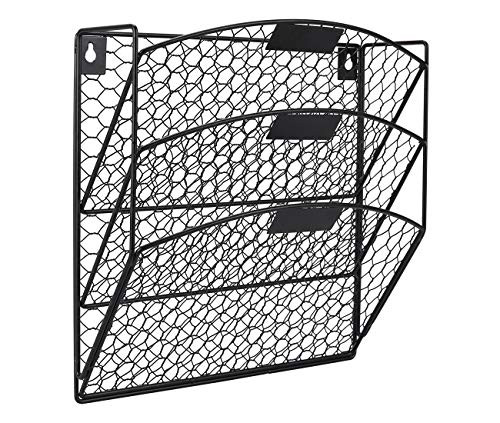 EasyPAG 3 Tier Wall File Holder Hanging Mail Organizer Metal Chicken Wire Wall Mount Magazine Rack for Home and Office,Black