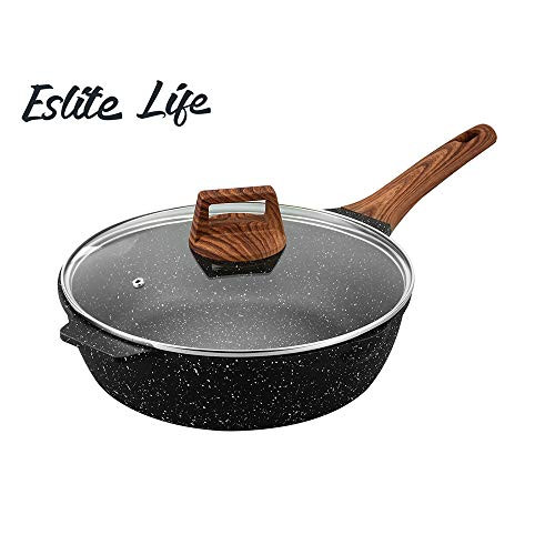 ESLITE LIFE Deep Frying Pan with Lid Nonstick Saute Pan with Granite Stone Coating, 11 Inch (5Quart)