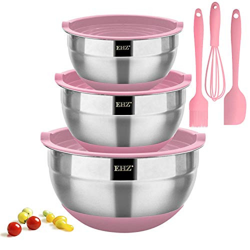 EHZ Mixing Bowls Stainless Steel, Prep Bowl Set with Lids & Silicone Whisk, Spreader Spatula, Basting Brush, Non-slip Silicone Bottom Nesting Mixing Bowl for Cooking Baking & Food Storage -9pcs (Pink)