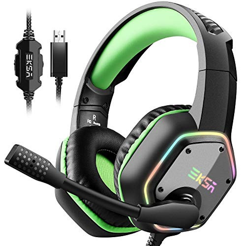 EKSA 7.1 USB Gaming Headset - Surround Stereo Sound - PS4 Headphones with Noise Canceling Mic & RGB Light Over Ear Headphones, Compatible with PC, PS4 Console, Laptop (Green)