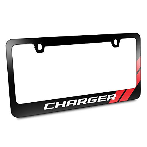 First Rober Dodge Charger Red Stripe Cover Chrome Black Metal License Plate Frame Holder, 12" X 6"