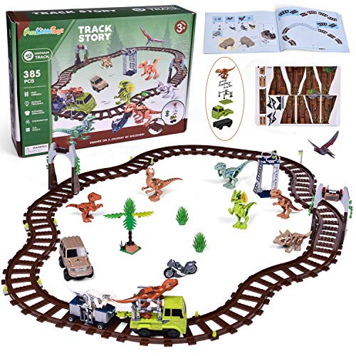 FUN LITTLE TOYS Train Building Set with Dinosaur Building Block Toys, Building Tracks, Building Bricks Train Toy Party Favor for Boys and Girls 385 Pieces