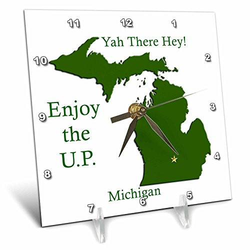 3dRose dc_57005_1 Enjoy The UP Michigan with Da Yoopers Map of Michigan Desk Clock, 6 by 6-Inch