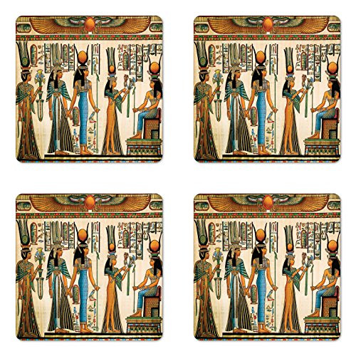 Lunarable Egyptian Print Coaster Set of 4, Egyptian Papyrus Depicting Queen Nefertari Making an Offering to Isis Image, Square Hardboard Gloss Coasters, Standard Size, Teal Orange