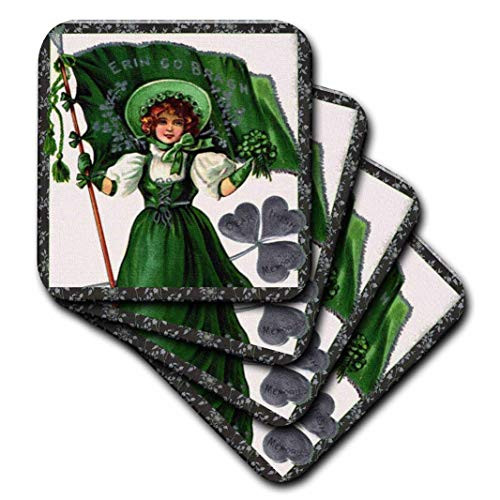 3dRose cst_42902_3 Erin Go Braugh, Irish Lady and Flag Vintage-Ceramic Tile Coasters, Set of 4