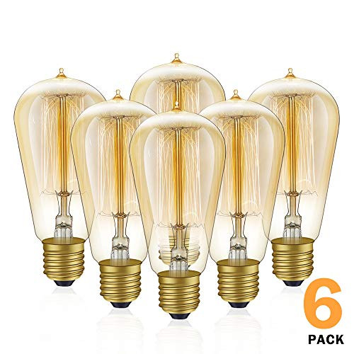 6-Pack Edison Light Bulbs, 60w Vintage Edison Bulb, Squirrel Cage Filament Edison Bulbs, E26 Base - Amber Glass - 110V - Warm White - Dimmable - ST58 Decorative Lightbulbs