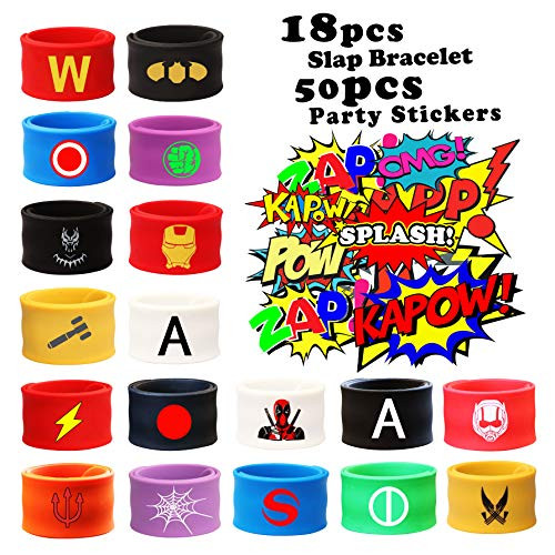 ATPADT 18PCS Superhero Slap Bracelet for Kids Boys & Girls - Superhero Birthday Party Supplies Favors - Super Hero Avengers Toys - Comic Super Hero Party Stickers (50 Pack) Carnival Prizes