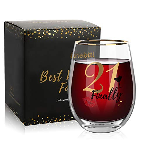 Onebttl 21st Birthday Wine Glass For Her - 17oz Wine Glass (Finally 21) - Best 21 Birthday Cup For Girls, Daughter, Niece - Unique Birthday Ideas For Turning Twenty One - 21 Years Old Presents
