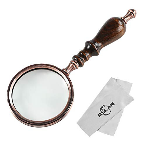 MSLAN Magnifying Glass 10X Antique Copper Handheld with Wooden Handle and Real Glass,Best Reading Magnifier for Elderly,Macular Degeneration