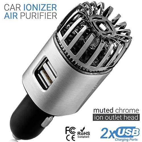 Car Air Purifier Ionizer - 12V Plug-in Ionic Anti-Microbial Car Deodorizer with Dual USB Charger - Smoke Smell, Pet and Food Odors, Allergens, Viruses Eliminator for Car (Matte Silver) Car Air Purifier Ionizer - 12V Plug-in Ionic Anti-Microbial Car Deodorizer with Dual USB Charger - Smoke Smell, Pet and Food Odors, Allergens, Viruses Eliminator for Car (Matte Silver)