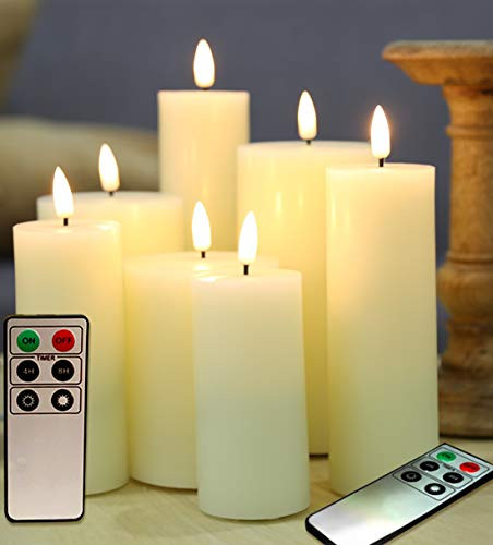 Eywamage Set of 7 Real Wick Flameless Candles with Remote Battery Operated Electric LED Candles Timer Fake Pillar Candles Ivory D 2" 3" H 4" 5" 6" 7"