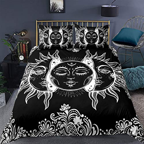 Erosebridal Mandala Duvet Cover Full Sun and Moon Decor Comforter Cover Set with Zipper Ties Boho Exotic Style Black and White Bedding Set Botanical Floral Decor Duvet Cover for Adult Women Teen Men
