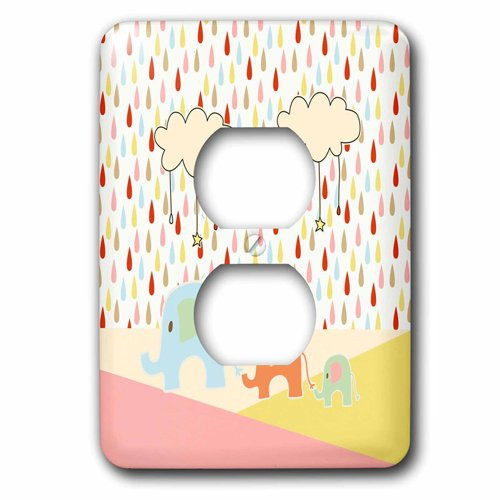 3dRose lsp_192538_6 Family Of Three Elephants In The Rain With Clouds, Yellow, Pink, Blue Outlet Cover, Multicolor