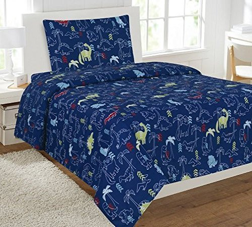 Fancy Linen Collection Full Size 4 pc Sheet Set Dinosaur Navy Blue Green # Dinosaur Navy New