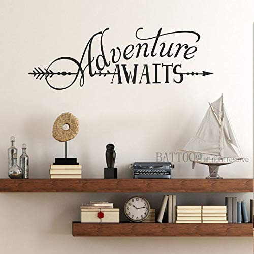 BATTOO Adventure Awaits Wall Decal Quote, Vinyl Lettering with Arrow, Adventure Quote Travel Wall Decal Sticker 22"W 7.5"H, Tribal Theme Room Decor, Black BATTOO Adventure Awaits Wall Decal Quote, Vinyl Lettering with Arrow, Adventure Quote Travel Wall Decal Sticker 22"W 7.5"H, Tribal Theme Room Decor, Black