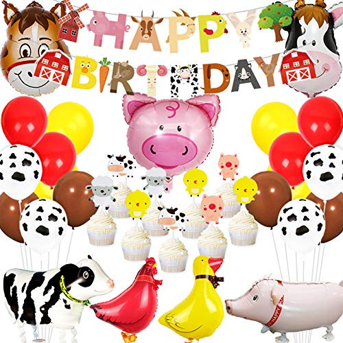 Farm Animal Birthday Decorations Kit Barn Farm Balloons Happy Birthday Banner Cupcake Toppers for Barnyard 1st 2nd 3rd Birthday Party