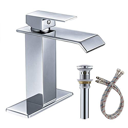 Greenspring Bathroom Faucet Chrome Waterfall Vanity Single Handle Basin Sink One Hole Lever Lavatory Bath With Pop Up Drain With Overflow Restroom Mixer Tap Commercial Lead-Free