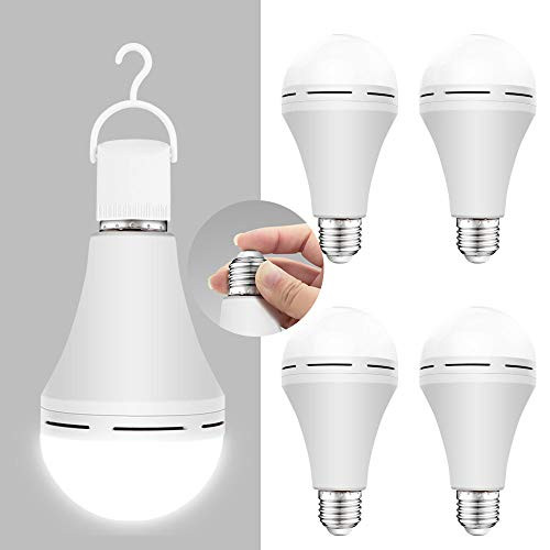 4 Pack Emergency-Rechargeable-Light-Bulb, Stay Lights Up When Power Failure, 1200mAh 6000K 15W 80W Equivalent LED Light Bulbs for Home, Camping, Tent (E27, with Hook)