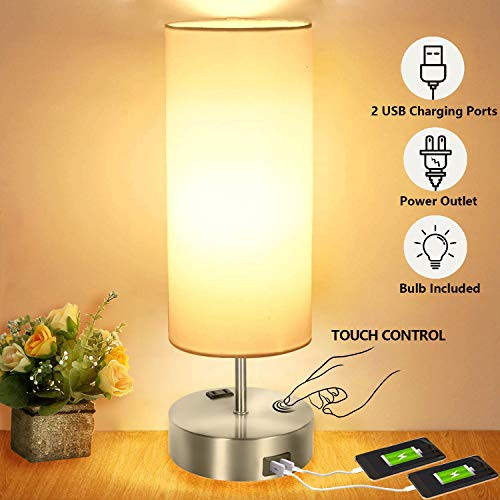 Touch Control Table Lamp, 3 Way Dimmable Bedside Lamp with 2 Fast Charging USB Ports and Power Outlet, Nightstand Lamp, USB Lamp for Bedroom, 60W Equivalent LED Bulb Included