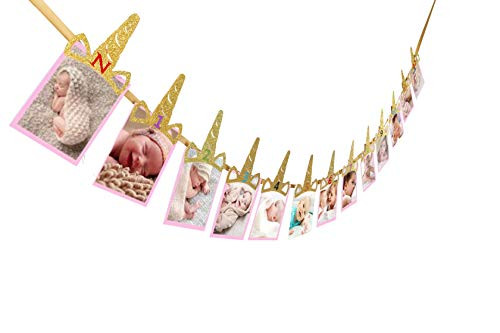 E&L Unicorn Horn Photo Banner, 1st Birthday Baby, Sweet Heart First Birthday Photo Banner, for First Birthday Party Decorations, Monthly Milestone Photo Banner, Justborn to 12 Months Photo Banner
