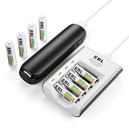 EBL USB AA AAA Smart Battery Charger with Slim Power Bank Portable Charger 6700mAh and AA Rechargeable Batteries 2300mAh (4 Pack) and AAA Rechargeable Batteries 800mAh (4 Pack)