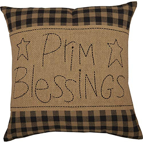 VHC Brands Check Prim Blessings Text Cotton Burlap Primitive Thanksgiving Bedding Embroidered Square Pillow, Raven Black VHC Brands Check Prim Blessings Text Cotton Burlap Primitive Thanksgiving Bedding Embroidered Square Pillow, Raven Black