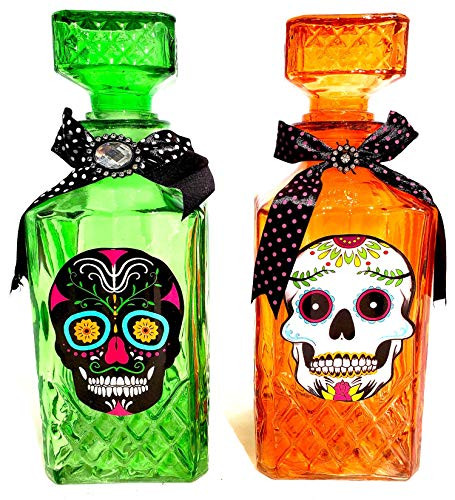 Spooky Skulls Green & Orange Halloween Glass Decanters - Set of 2