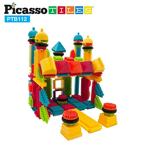 PicassoTiles PTB112 112pcs Bristle Shape Blocks Building Tiles Set Construction Learning Toy Stacking Educational Block, Creativity Beyond Imagination, Inspirational, Recreational, Educational