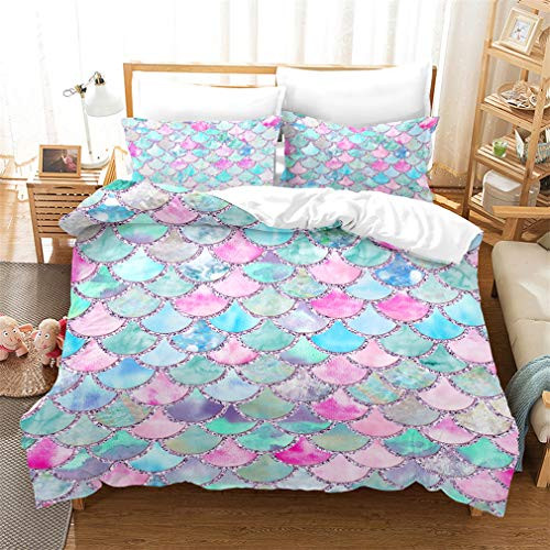 MUSOLEI Mermaid Girls Bedding Set Duvet Cover,3D Rainbow Scales Comforter Cover Bedding Set with 2 Pillowcase, No Quilt and Sheet (12,Full)