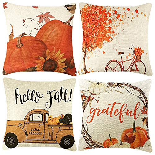 CDWERD 4pcs Fall Pillow Covers Thanksgiving Farmhouse Decorative Autumn Theme Throw Pillow Covers Cotton Linen Cushion Case 18x18 Inches