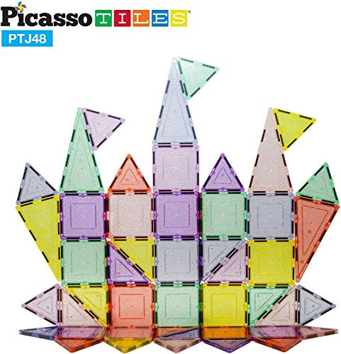 PicassoTiles 48 Piece Magnetic Blocks Magnet Tiles Magnets Building Blocks Construction Toy Set with Reflective Leaf Flakes Magnetic Building Tiles Toys STEM Learning Kit Stacking Block Playset PTJ48