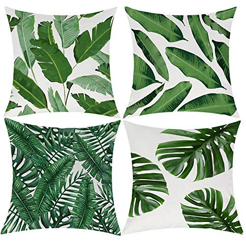EZVING Pack of 4 Tropical Leaves Throw Pillow Cover Decorative Cotton Linen Burlap Square Outdoor Cushion Cover Pillow Case for Car Sofa Bed Couch 16x16 Inch