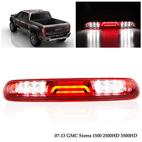 Replacement for 2007-2013 Chevy Silverado/GMC Sierra 1500 2500 3500 HD Rear Roof Center LED Third 3rd Brake Cargo Light Assembly High Mount Brake Tail Light (Chrome Housing Red Lens)