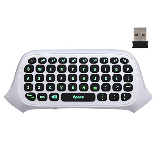MoKo Xbox One Mini Green Backlight Keyboard, 2.4G Receiver Wireless Chatpad Message Game Keyboard Keypad, with Headset and Audio Jack, for Xbox One/Xbox One S/Xbox One Elite Controller, White