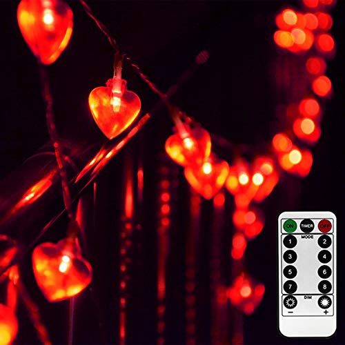 Abkshine 50 LED Valentine Heart Shape String Lights with Remote, Battery Operated Heart String Lights, Red Heart Fairy Lights for Valentines Day Decorations Wedding Party Anniversary Mother Day