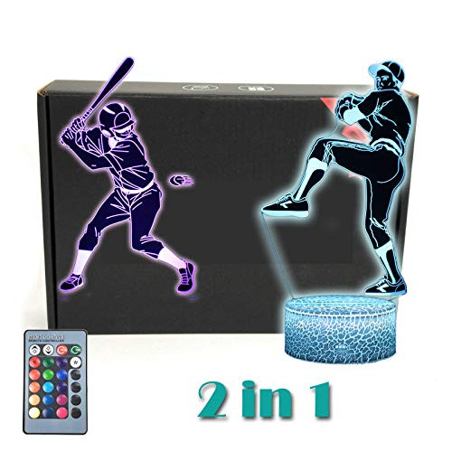 TRIPRO Baseball Player 3D Illusion LED Desk Lamp Night Light with 2 Acrylic Flats & Lighted Base,16 Colors Change, Smart Touch Button & Remote Control,for Baseball Fans Gift