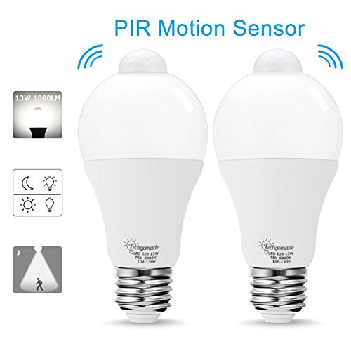 TechgoMade Infrared Motion Sensor LED Light Bulbs, A19 LED E26 Base Bulbs, Indoor Motion Sensor, 100W Equivalent, Daylight 5000K, LED Night Light, Tracking Lighting, Auto On/Off, Pack of 2 TechgoMade Infrared Motion Sensor LED Light Bulbs, A19 LED E26 Base Bulbs, Indoor Motion Sensor, 100W Equivalent, Daylight 5000K, LED Night Light, Tracking Lighting, Auto On/Off, Pack of 2