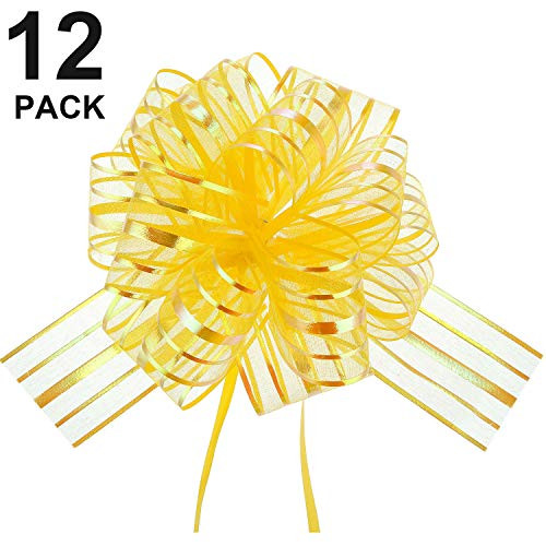 12 Pieces Pull Bow Large Organza Pull Bow Gift Wrapping Pull Bow with Ribbon for Wedding Gift Baskets, 6 Inches Diameter (Gold)