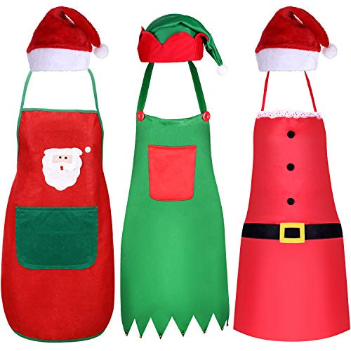 Jovitec 6 Pieces Christmas Apron and Hat Set, Including Christmas Elf Apron and Elf Hat, Santa Claus Apron and Red Christmas Santa Hat for Christmas Party Costume Supplies