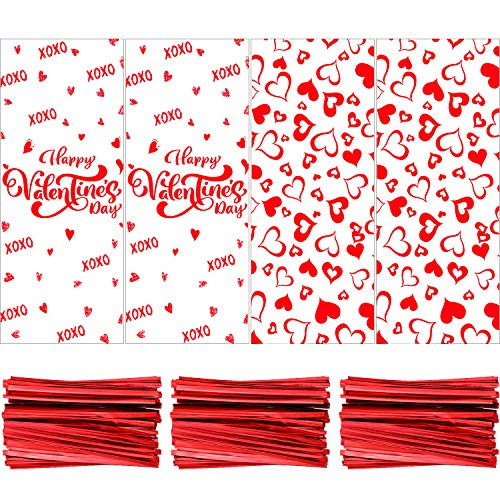 120 Pieces Valentine Treat Bags Cellophane Bags Candy Bags Goodies Bags with 150 Pieces Twist Ties for Valentine Party Favor Supplies (Hearts and Happy Valentine's Day Design) 120 Pieces Valentine Treat Bags Cellophane Bags Candy Bags Goodies Bags with 150 Pieces Twist Ties for Valentine Party Favor Supplies (Hearts and Happy Valentine's Day Design)
