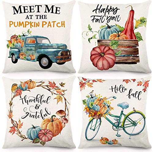 CDWERD Fall Throw Pillow Covers 18x18 Inches Pumpkin Thanksgiving Farmhouse Decorative Autumn Pillowcase Cotton Linen Cushion Case for Home Decor Set of 4