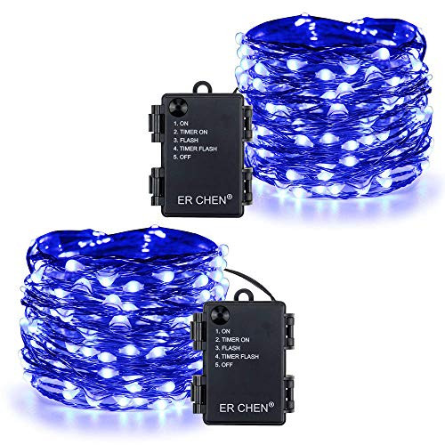 ER CHEN 33 Ft 100 LED String Lights Battery Operated Christmas Lights with Timer, Waterproof Copper Wire Blue Firefly Twinkle Fairy Lights for Party Bedroom Wedding (2 Pack)
