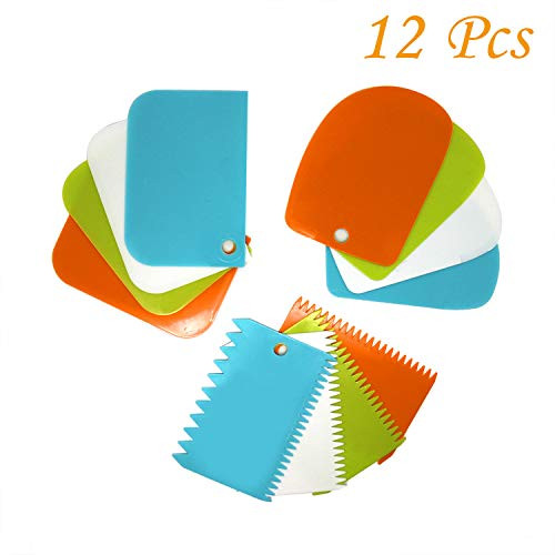 12 Pieces Dough Scraper Set, Cake Scraper Smoother Tool Set, Bread Scraper Cake Smoother, Flexible Dough Buttercream Smoother for Home and Kitchen Fondant Cake Icing Edge Decorating Supplies, 4 Colors