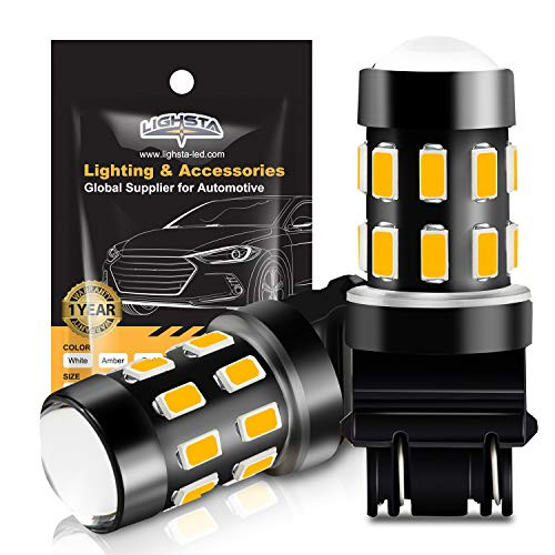 3157 LED Bulbs, LIGHSTA Super Bright 24-SMD 9-30V Non-Polarity 3056 3156 3057 4057 3157K 4157 LED Bulbs with Projector for Turn Signal Blinker Lights, Side Marker Lights, Amber Yellow(Pack of 2)