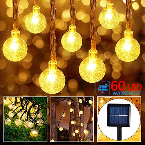 SWYJO Solar String Lights 60LED 11M 36ft Warm Light, Outdoor Solar Powered Lights Crystal Balls Waterproof, Solar Garden String Lights 8 Modes for Christmas Tree, Party
