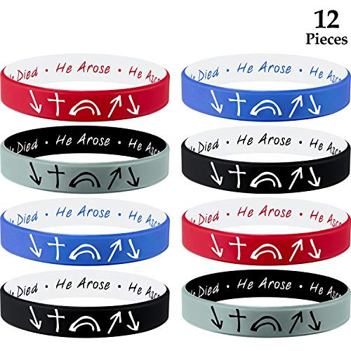 12 Pieces Reversible Witness Band Silicone Bracelet He Came Died Arose Ascended Coming Back Inspirational Wristband Bracelet for Men, Women, Teens